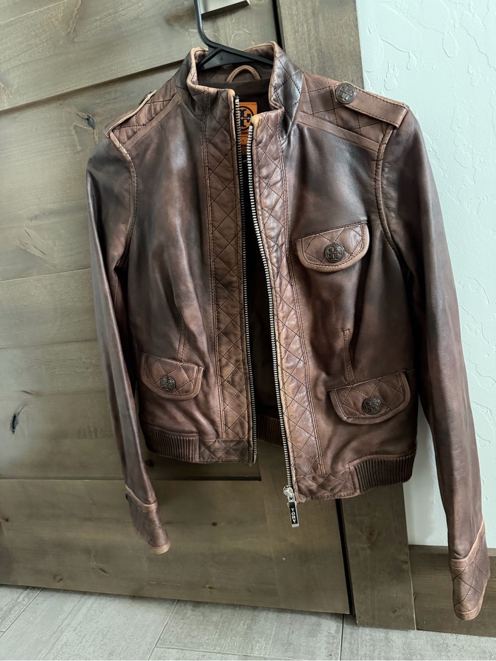 Tory Burch Brown Quilted Leather Moto Jacket